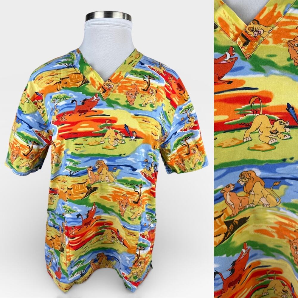 ✨2/$20 Disney Lion King Scrub Top Pumba, Timon, Samba, Nala Nurse CNA V-Neck L - Picture 1 of 13